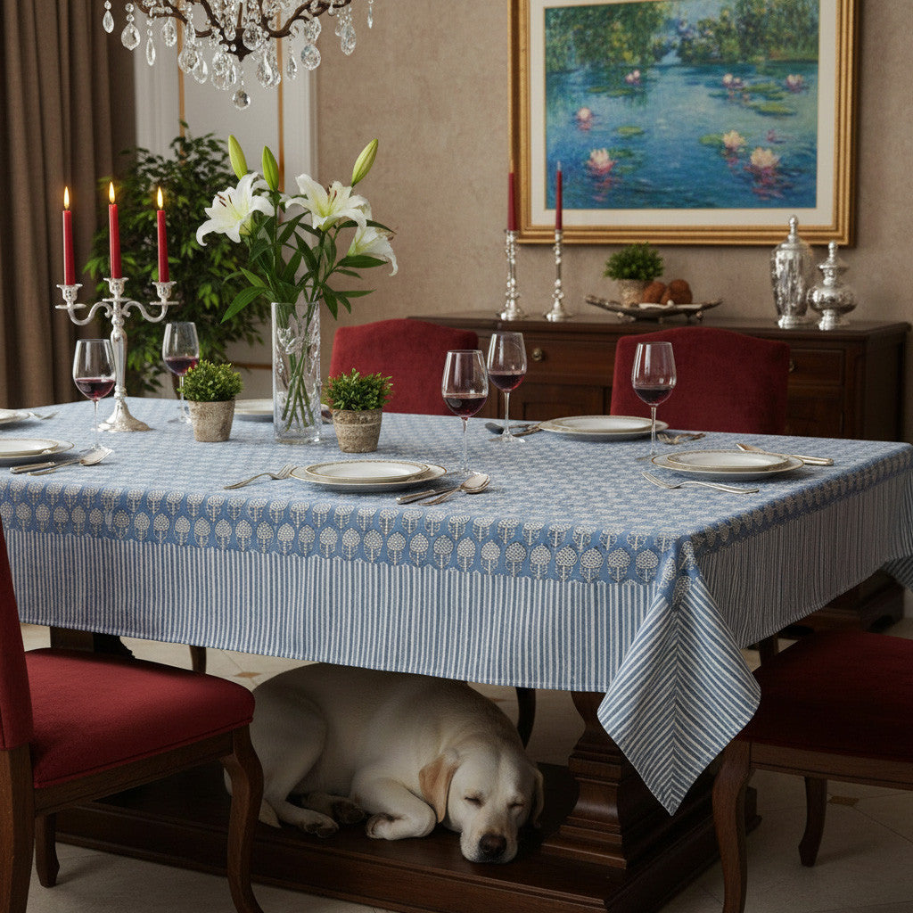 Wood Block Printed Handmade Tablecloth 150x220 cms | Artichoke Pearl Blue 251210