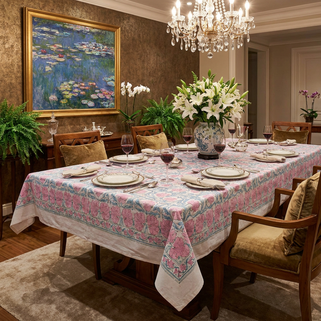 Wood Block Printed Handmade Tablecloth 150x220 cms | Bauhaus Pink Flower 601774