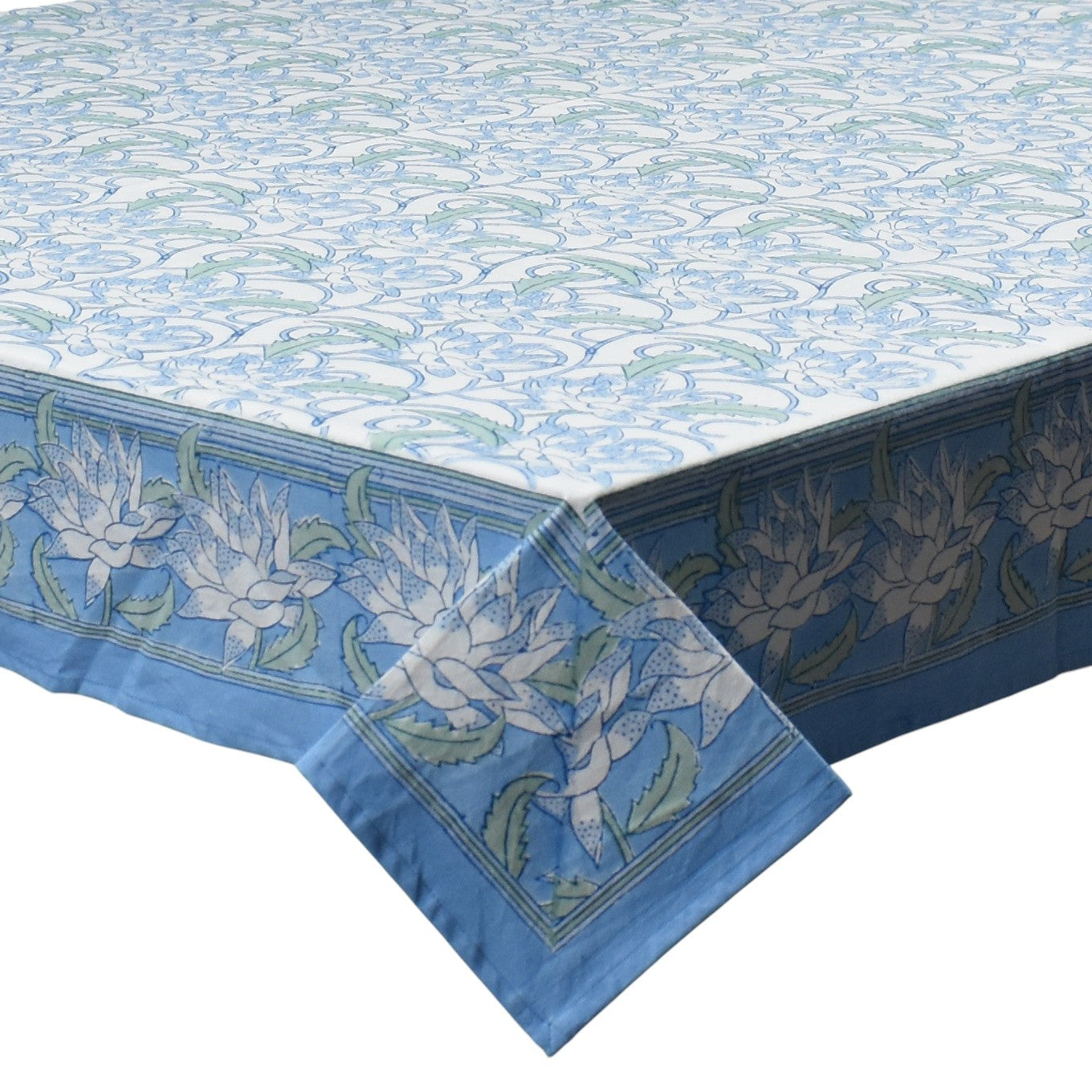 Wood Block Printed Handmade Tablecloth 150x220 cms | Japan Lotus Blue Open 202506