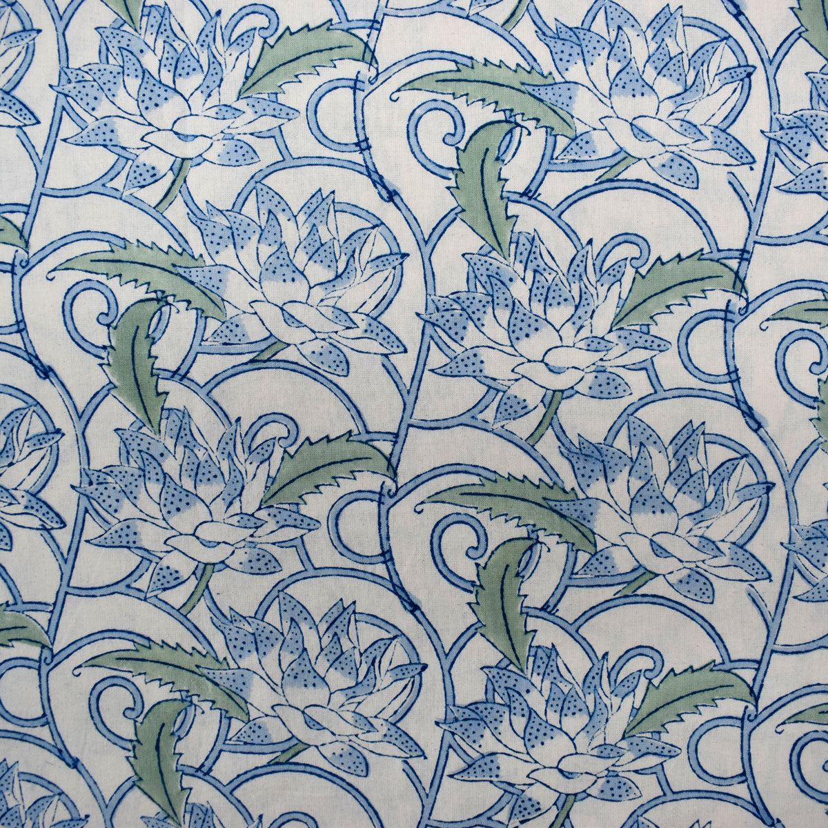Wood Block Printed Handmade Tablecloth 150x220 cms | Japan Lotus Blue Open 202506