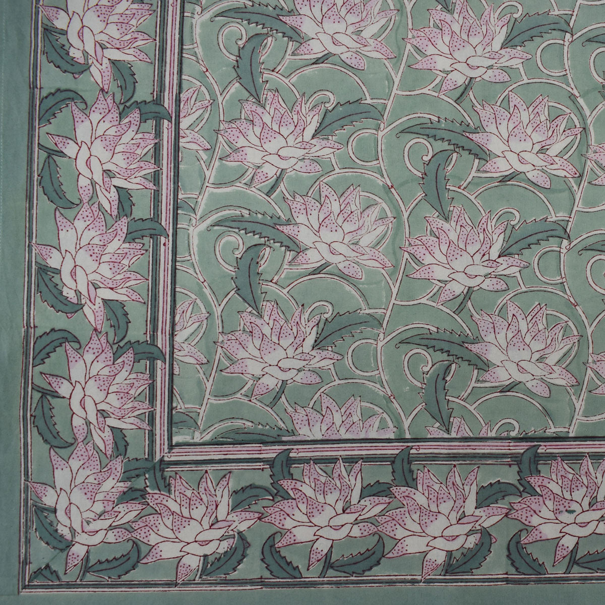 Wood Block Printed Handmade Tablecloth 150x220 cms | Japan Lotus Green 202501
