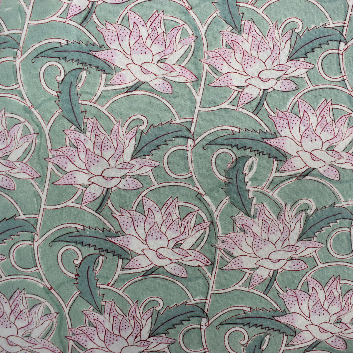 Wood Block Printed Handmade Tablecloth 150x220 cms | Japan Lotus Green 202501
