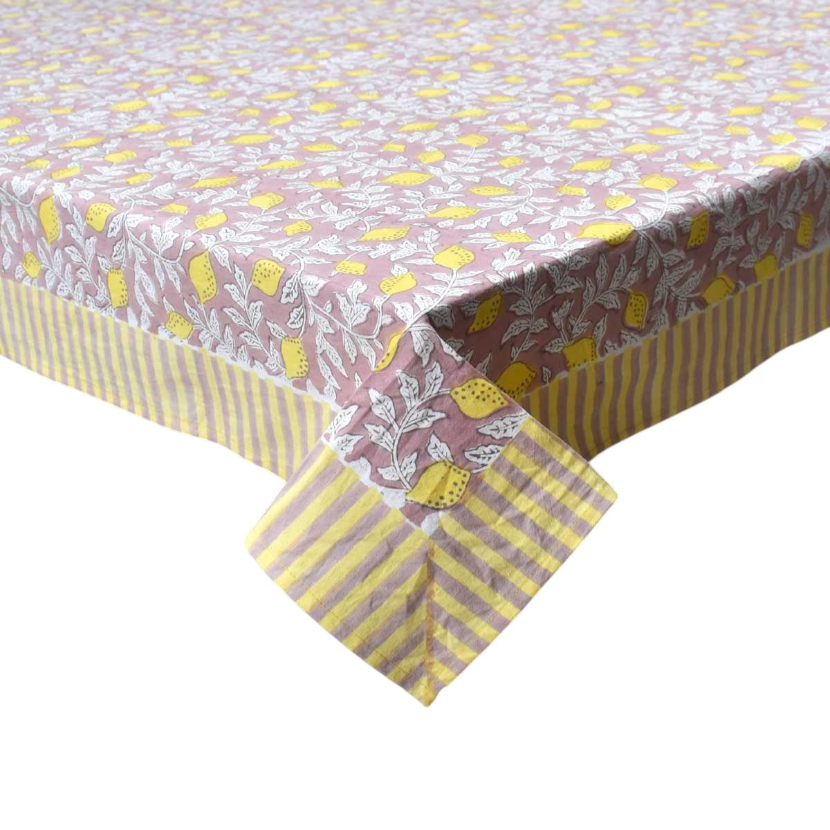Wood Block Printed Handmade Tablecloth 150x220 cms | Lemon Earth 202404