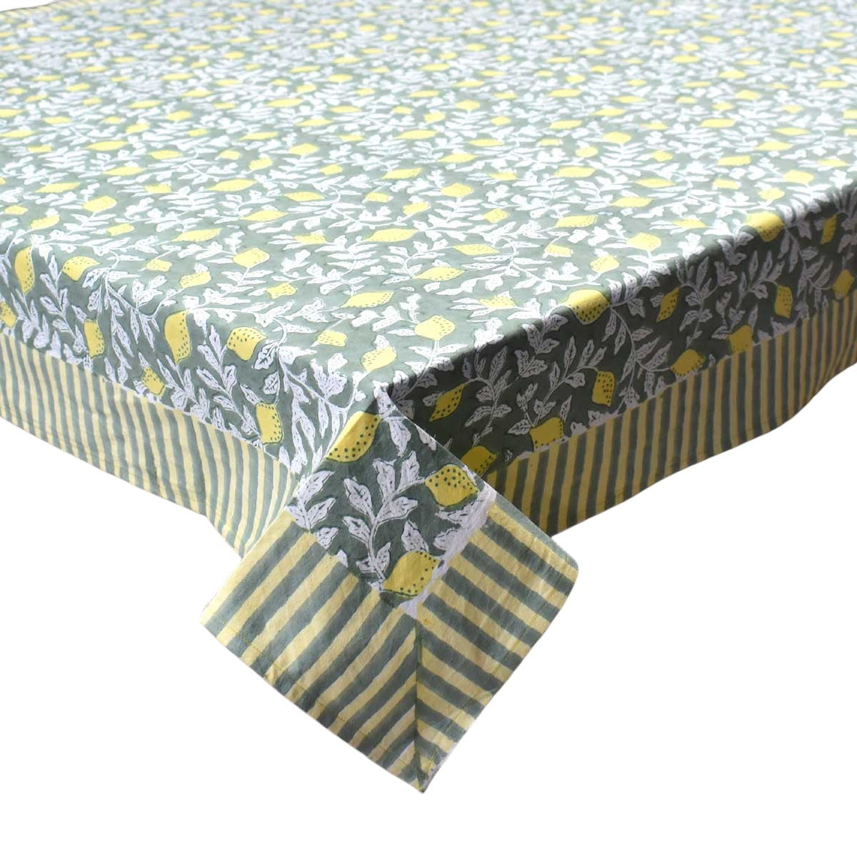 Wood Block Printed Handmade Tablecloth 150x220 cms | Lemon Green 202405