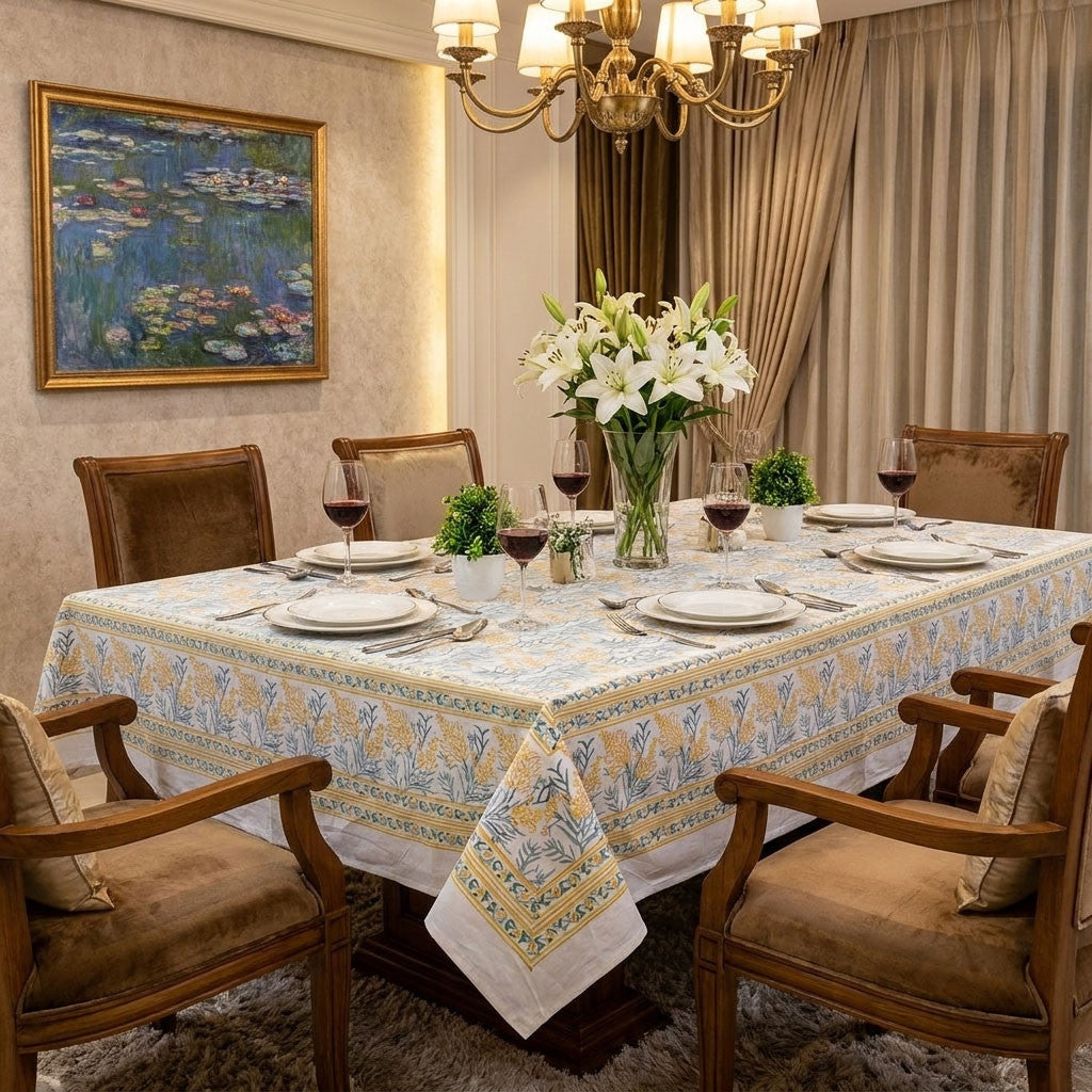 Wood Block Printed Handmade Tablecloth 150x220 cms | Lilas Amber 202507