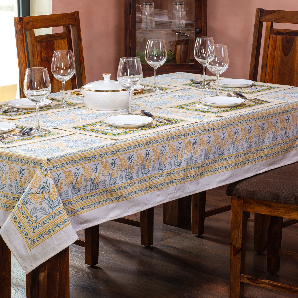 Wood Block Printed Handmade Tablecloth 150x220 cms | Lilas Amber 202507