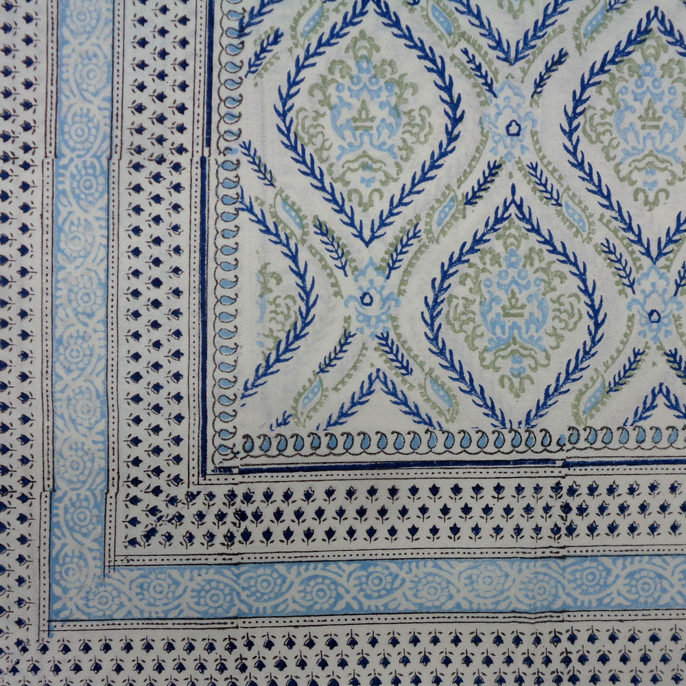 Wood Block Printed Handmade Tablecloth 150x220 cms | Ogee Cerulean Blue 202518