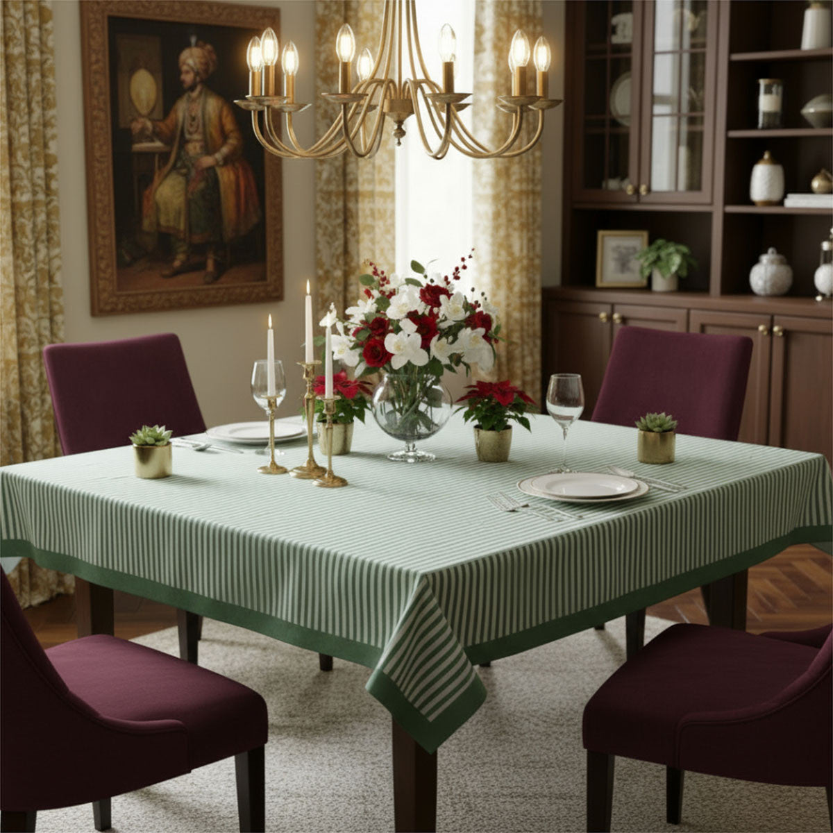 Wood Block Printed Handmade Tablecloth 150x220 cms | Stripe Green Olive 202529