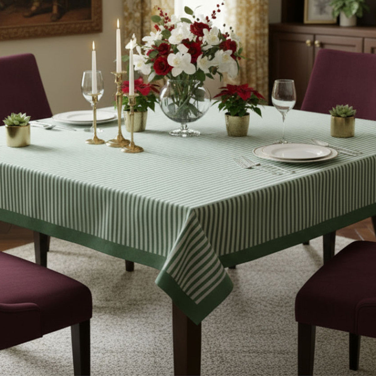 Wood Block Printed Handmade Tablecloth 150x220 cms | Stripe Green Olive 202529
